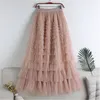 스커트 Moukyun Tutu Cake Skirts 여성 우아한 계단식 주름 장식 라인 긴 스커트 여성 캐주얼 탄성 허리 파티 레이스 스커트 Faldas 230907