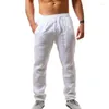Calças masculinas de linho calças de praia bolso cordão elástico na cintura cor sólida confortável respirável micro