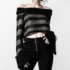 Kadın Sweaters Karanlık Akademisi Gotik Çizgili Örme Süvari Sonbahar Omuz Uzun Kollu Gevşek Külot E-Girl Punk Grunge Triko