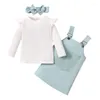 衣類セット1-5歳の女の子春秋3pcsセットソリッドカラーリブ長袖Tシャツオーバーオールドレスヘアバンド