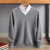 Herentruien 100% wol vneck gebreide pullover Business Casual Solid Color Sweater Bodemhirt Mannelijk merk Men 230906