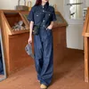 Pantalon de deux pièces pour femmes Costume coréen pour femmes Chemise à manches courtes d'été avec poches plaquées Pantalon en denim décontracté Ensemble de 2 pièces pour début