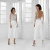 White Jumpsuit Beach Wedding Dresses Jewel Neck Long Sleeve Backless Ankle Length Bridal Outfit Lace Summer Wedding Gowns282B