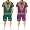 Camisas casuais masculinas Totem africano estampado 2 peças roupas de manga curta botão camisa / shorts / conjunto Dashiki estilo étnico roupas tradicionais