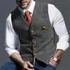 メンズベストブラウンカジュアル紳士アーミーグリーンベスト格子縞の柔らかいウールジャケットツイードビジネスウエストコート