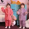 Детские пижамы, осенне-зимние утолщенные теплые повседневные фланелевые однотонные топы со штанами, домашняя одежда для маленьких мальчиков и девочек, пижамные комплекты 230906