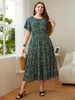 Plus Size Dresses Scroop Neck Floral Print Elastic Waist Short Sleeves Boho Summer Long Robe A Line Swing Maxi Gown Clothing