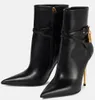 Winter Luxus Damen Schwarz Vorhängeschloss Leder Stiefeletten Schlüsselschloss Riemchen Spitze High Heels Party Kleid Mode Booties EU35-43 mit Box