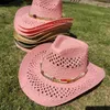 Ampla borda chapéus balde rosa oco tecer cowboy chapéu palha estrela jazz panamá papel grama ocidental denim moda viagem atacado 230907