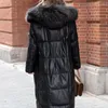 Женская кожаная куртка, натуральная женская одежда, теплые пуховики с ослабленным меховым воротником, черное зимнее пальто с капюшоном Jaque2023