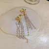 Dingle örhängen 2023 Heart Crystal Luxury Long Tassel Pearl Korean Fashion Earring Party Girls Ear Clip Jewelry