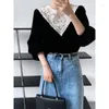 Blouses Femmes Automne Chemises Pour Femmes Français Court Style Col En Dentelle Une Pièce Tops Mujer Noir Velours Bulle Manches Blouse Décontractée Femme