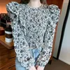 Kvinnor BLOUSES 2023 Autumn Fashion Ruffle Edge midja Wrap Lång ärm Chiffon Shirt Kort stil tryckt blus Korean