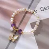 Charm Bracelets Minar French 14K Gold Plated Brass Purple Green Color Natural Stone Freshwater Pearl Shell Butterfly Strand For Women