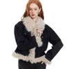 Jaqueta de algodão feminina de pele falsa de pele feminina denim gola contrastante cor elegante estilo retro curto boneca pescoço outono e inverno jaqueta de algodão x0907
