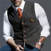 メンズベストブラウンカジュアル紳士アーミーグリーンベスト格子縞の柔らかいウールジャケットツイードビジネスウエストコート