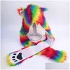 Czapki czapki/czaszki czapki Kobiet Kobiety Rainbow Stripes Furry Animal Hood Hat Hat Plush Uszy łapy 3 w 1 mtifunkcyjnej czapce na earfap bliznę dhlav