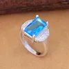 Cluster Rings Wedding For Girlfriend Fine Jewellery Silver Color Jewelry Sqaure Blue Cz Crystal Luxury Distribution