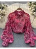 Kadın bluzları Kadın Bahar Gömlek Koreli Versiyon Çiçek Polo Yakası Tül Fener Kollu Eşsiz Sanat Retro Uzun Kollu Gevşek D4721