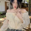 Kvinnors blusar hsa off axelblus Kvinnor Slash Neck Ruffles Crop Tops Drawsting Criss Cross V Butterfly Sleeve Chic Ladies Shirts