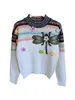 Suéter feminino outono e inverno, gola redonda, manga comprida, cor contrastante, suéter torcido, flor de três vias, libélula, tops de malha