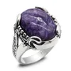 Cluster Rings 925 Sterling Silver Men's Ring med naturlig lila drake sten thailändska enkla kvinnors turkiska smyckesdesign