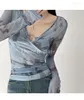 Camisetas para mujer TVVOVVIN 2023 Otoño Sexy V-cuello Halo Dyed Mesh Camiseta de manga larga para mujeres Perspectiva Metal Anillo circular corto NIA3