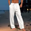 Pantaloni da uomo in lino Tasca frontale estiva da spiaggia Tinta unita Abbigliamento sportivo per uomo Gamba aperta sportiva grande e alta