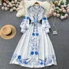 Spring and Autumn New Single breasted Standing Neck Palace Style Retro Print Large Swing Dress Waist Wrap Over Knee Length Dress