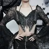 Women's T Shirts Goth Dark Fairycore Butterfly Sexy Lace Crop Tops Mall Gothic Grunge Flare Sleeve Sheer T-shirts Women Tie Up Skinny Alt