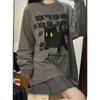 Deeptown Grunge Cat Tshirts Women Harajuku Korean Fashion Oversize Long Sleeve T Shirts Female Hip Hop Vintage Grey Top Loose