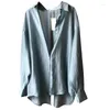 Blouses Femmes Coréen Chic Bleu Mince Chemises Simple Col Rabattu À Manches Longues Hauts Tempérament Femmes 2023 Automne Retour Slipt Blouse