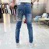 Herenjeans 2023 Zomer Europa Station Mannen Blauw Gepersonaliseerde Beer Print Hoge Kwaliteit Koreaanse Broek Skinny Hombre