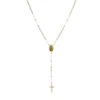 Correntes Hzman 14k Banhado A Ouro Dainty Y Colar Rosário Bead Virgem Maria Jesus Crucifixo Cruz Ajustável Gargantilha Para Mulheres Meninas