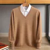 Herentruien 100% wol vneck gebreide pullover Business Casual Solid Color Sweater Bodemhirt Mannelijk merk Men 230906