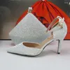 Dress Shoes 2023 Arrival White Bling Crystal Women Wedding And Matching Bags High Pumps Fashion Pointed Toe Purse Female