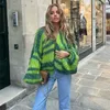 Women s Sweaters Green Stripe Crochet Knitted Cardigan Sweater Lantern Sleeve Oversize Coat 2023 Autumn Fashion Lady Streetwear 230906