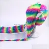 Beanie/Skull Caps Beanieskl Women Rainbow Stripes Furry Animal Phoodie Hat Fluffy Plush Ears Paws 3 in 1 Mtifunctional Earflap Cap Scar Dhlav