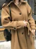 Women 'Blends Mantel Musim Dingin Untuk Wanita Korea Warna Solid Klip Katun Jaket Penalbalan Panjang Sedang Longgar Bertali Tali Wol 230907