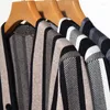 Camisolas masculinas 2023 outono inverno listrado cardigan camisa de malha contraste cor moda rua wear confortável e quente