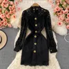 Casual Dresses Lace Dress 2023 Autumn French Elegant Luxury Long Sleeve Standing Collar Mid Length a-line Slim For Female Party