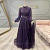 Purple muzułmańskie sukienki Linia Plat Plat Chifon Dubai Kaftan Suknia Wieczorna Koronkowe aplikacje z koralikami Soiree de Mariage 326 326