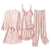 Vêtements de nuit pour femmes Pyjamas pour femmes 4 pièces Ensembles Satin Soie Vêtements de nuit Pyjama Sangle Sous-vêtements en dentelle Mince Beathable Lingerie légère