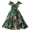 Runway Forest Animal Print Green Maxi Dress Summer Women's Bow tie Strap V-Neck High Elastic Waist Chiffon Long Dress 2023287G