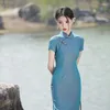 Ethnic Clothing Summer Elegant High Slit Long Blue Cheongsam Performance Retro Chinese Traditional Style Evening Dress Qipao For Women