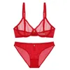 Set di reggiseni Varsbaby Set di lingerie sexy grande rosso in filato trasparente con fiocco in strass, reggiseno e slip trasparenti315U