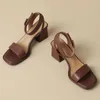 Sandálias femininas de couro genuíno faixa estreita tornozelo cinta 6cm grosso salto médio aberto dedo do pé verão bombas sapatos casuais para mulher 42