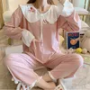 Women's Sleepwear Long-sleeve Pajamas Set Ladies Knitted Cotton Two-piece Suit Lapel Home Service Loose Pijamas Simple Sexy Nightgowns