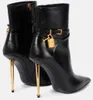 Winter Luxus Damen Schwarz Vorhängeschloss Leder Stiefeletten Schlüsselschloss Riemchen Spitze High Heels Party Kleid Mode Booties EU35-43 mit Box