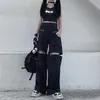 Deeptown Gothic Techwear Emo Black Cargo Pants 여성 펑크 대형 중공 넓은 다리 포켓 바지 여성 고스 힙합